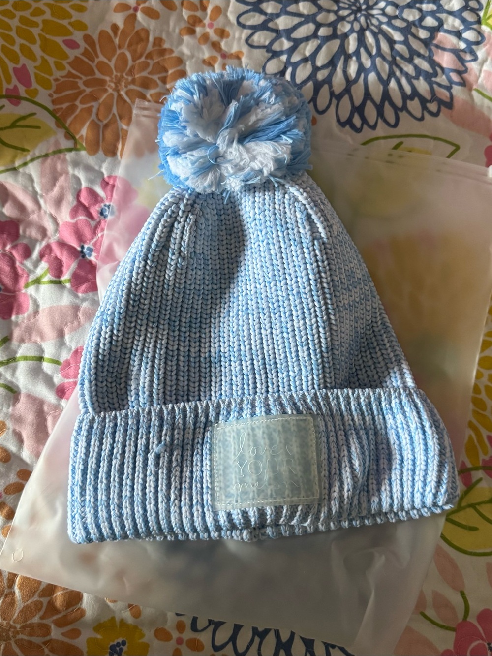 New love your melon blue / white pom Beanie
